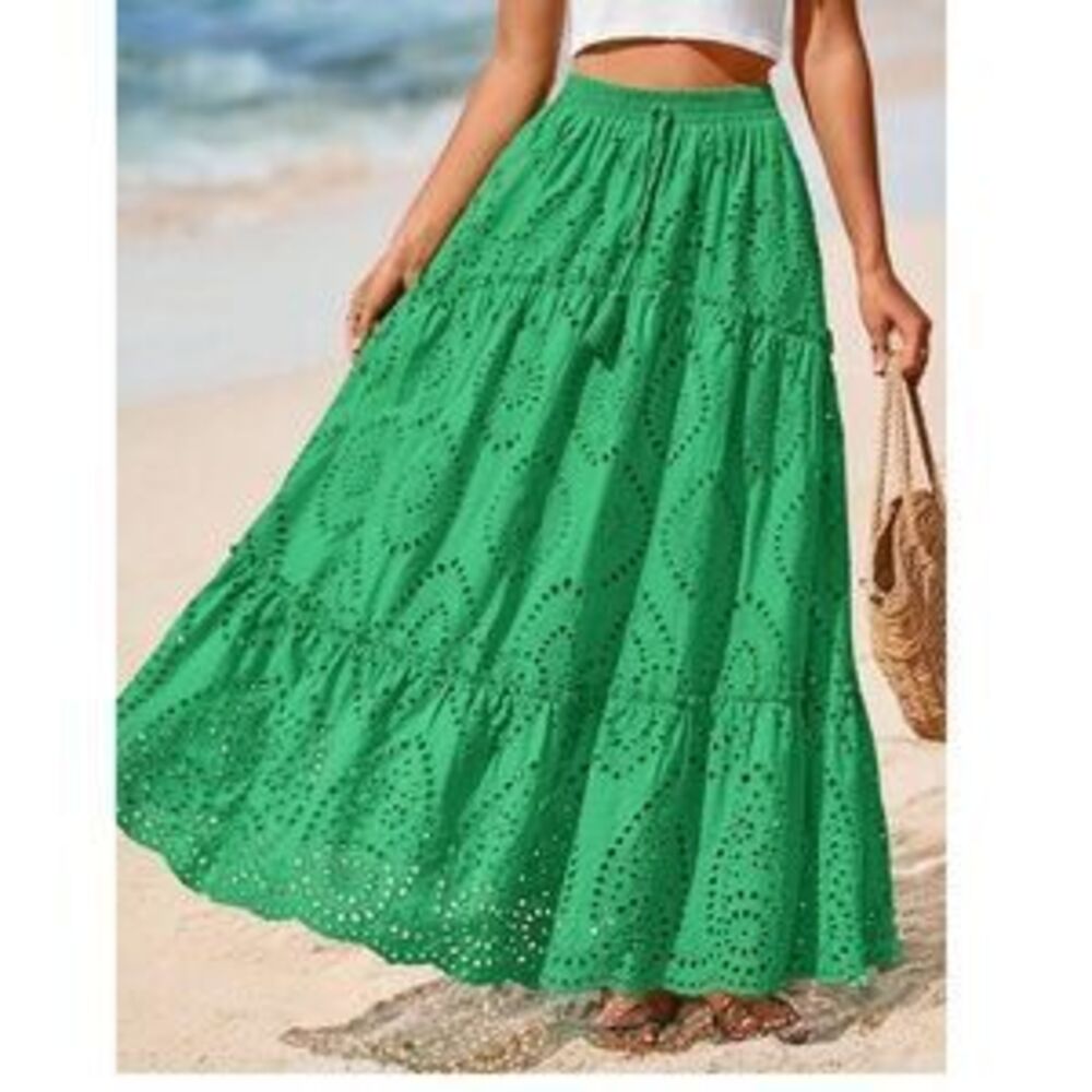 Boho Eyelet Lace stretchy waist Flowy Maxi Skirt - Picture 2 of 5